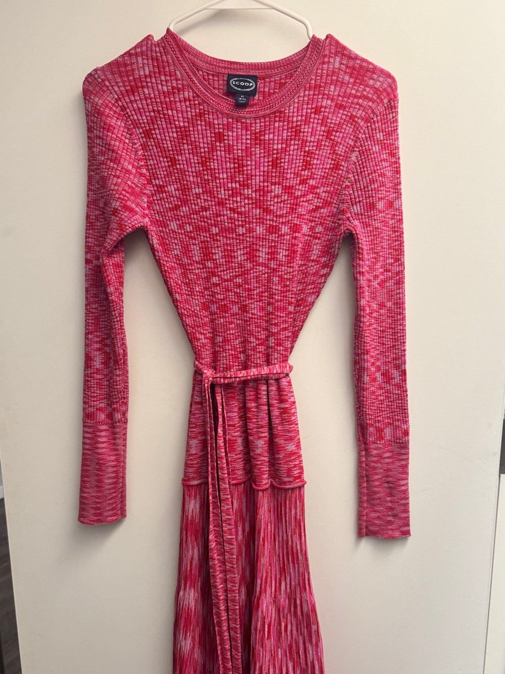 Scoop Pink Tie-Waist Ribbed Long-Sleeve Dress